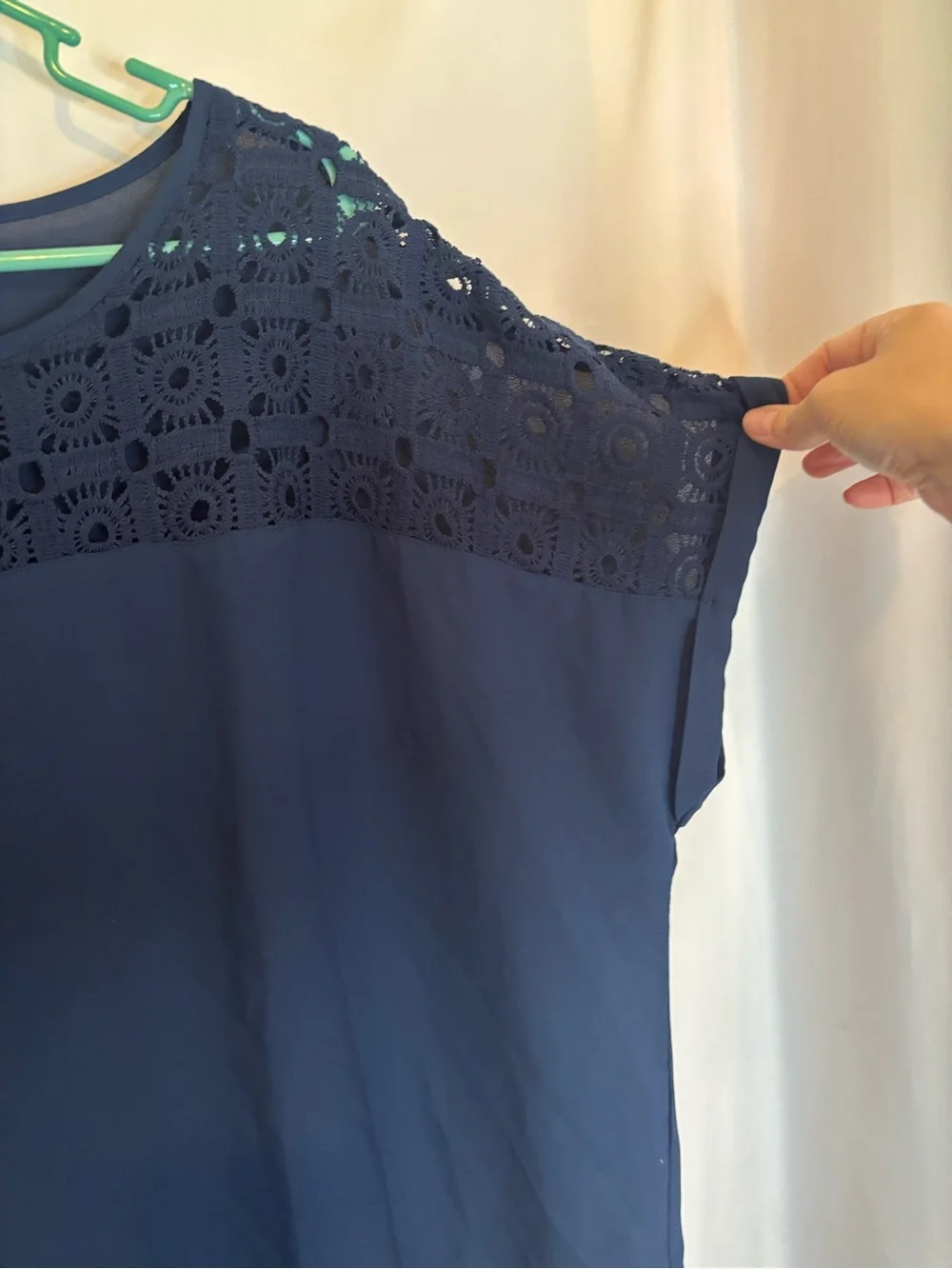 3/$20 Emery Rose Crochet-Yoke Navy Blue Blouse with Short Rolled Sleeves - Picture 5 of 5